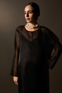 Women's Woven Silk Midi <b>Dress</b>, Asymmetrical Stripes, Crew Neck, Regular Sleeve, <b>Loose</b> Straight Fit, Casual Button Style - Product Image 3