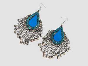Vibrant Afghan Tribal Necklace Set With Matching Earrings Featuring <b>Blue</b> Glass Inlays And Detailed Metal <b>Beads</b> For Complete - Product Image 2