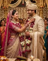 Guirlande de mariage royale artisanale Jaimala Varmala en magenta et ivoire, motif floral, Mala de fleurs pour cérémonie nuptiale indienne