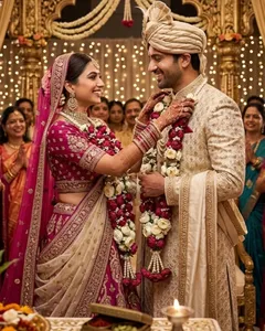 Guirnalda de flores Jaimala Varmala artesanal para boda real Maharani, en diseño floral magenta y marfil, para ceremonia nupcial india. - Product Image 2