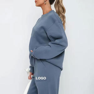 Conjunto de Sudadera Oversize Azul de Forro Polar para Mujer, Manga Larga, Cuello Redondo, Color Sólido, Casual, Unisex, para Otoño - Product Image 2