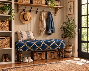 Rustic Blue Upholstered <b>Bench</b> Handmade Wool Jute Wooden Farmhouse Entryway Ottoman Bedroom End of Bed Accent <b>Seating</b> - Product Image 2