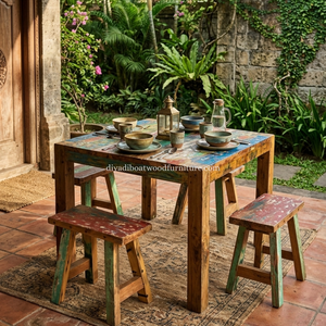 DIVADI <b>Dining</b> <b>Table</b> Melanie Style KD Leg Square Model Reclaimed Boat Wood Sustainable Design EcoFriendly <b>Foldable</b> Indoor Outdoor - Product Image 5