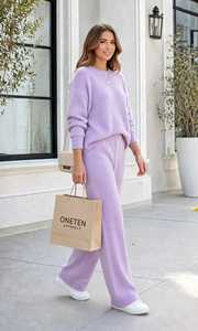 Ensemble de survêtement en tricot lilas pour femmes, col roulé, manches longues, coupe ample, survêtement de détente 2 en 1 - Product Image 2