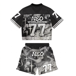 Ensemble de survêtements en maille noir et blanc avec impression par sublimation, streetwear, short et haut à col en V, respirant, polyester, unisexe, adulte, été - Product Image 2
