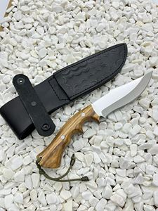 Couteau de chasse Jexa 4116 en acier inoxydable, lame fixe, couteau à dépecer pour le camping, bord partiellement dentelé, manche en bois d'olivier, étui en cuir - Product Image 5