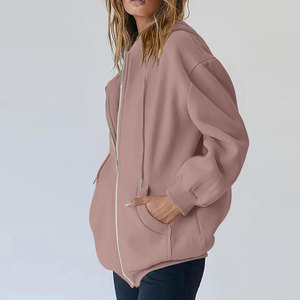 Sweat à capuche oversize pour femme, automne-hiver, fermeture éclair intégrale, 100% coton, imprimé, couleur unie, manches longues, respirant, logo brodé - Product Image 5