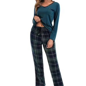 Women's Long-Sleeve V-Neck Animal Print Pajama Set Soft 100% Cotton Breathable Luxury Spring Pajamas Drawstring Closure 2-Piece - Product Image 1