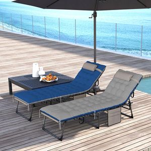 Set di 2 Sdraio da Piscina Pieghevoli con 5 Livelli di Regolazione, Cuscini Marroni/Blu, Struttura in Alluminio e Corda - Product Image 2
