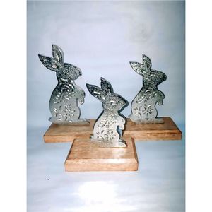 Escultura Moderna de Metal Plateado Grabado con Forma de Lezna y Base de Madera Natural, Figura de Animal Adorable, Adorno Decorativo para Interiores, Artesanía, Venta al por Mayor - Product Image 1