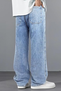 Vaqueros de mezclilla para hombre, lavados a la piedra, de pierna ancha, corte holgado, talla grande, cintura media, estilo casual urbano, 100% algodón - Product Image 4