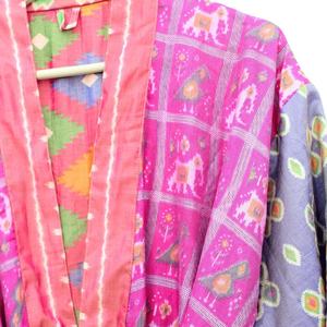 Kimono Sari de poliéster vintage con parches multicolores bata larga de luna de miel - Product Image 1