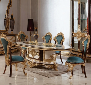 ชุดโต๊ะรับประทานอาหารรูปวงรีไม้สักทองคำหรูหราสไตล์ยุโรปคลาสสิกแกะสลักโบราณเป็นมิตรกับสิ่งแวดล้อม เฟอร์นิเจอร์รับประทานอาหารสำหรับโรงแรม - Product Image 1
