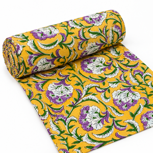 Tela de Voile de Algodón Peinado 60S60S Ligera con Estampado Floral Hecho a Mano Pinksa, Multiusos, Amarillo Rajasthan y Azul - Product Image 2