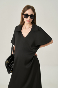 Robe midi en satin pour femme, col polo, manches classiques, boutonnée devant, coupe ample, style estival minimaliste et respirant - Product Image 2