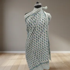 White Blue Floral Hand Block Printed Cotton Sarong Scarf with Green Border Lightweight <b>Beach</b> <b>Wrap</b> Stole for Women - Product Image 1