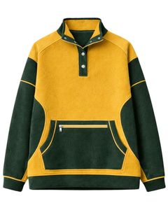 Sudadera con capucha de forro polar para mujer, amarilla y verde oscuro, extragrande, con cuello alto y botones a presión, informal de invierno, personalizada, con bolsillo con cremallera - Product Image 1