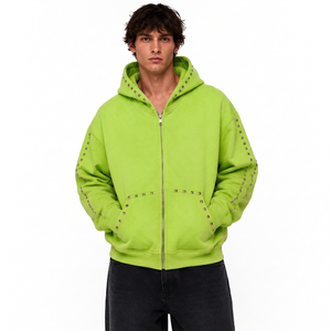 Custom Men's Zip Up <b>Hoodie</b> Heavyweight Cotton Fleece Streetwear Jacket With Embroidered Logo Private Label Apparel - Product Image 2