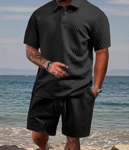 Ensemble polo et short pour homme, bleu clair, couleur unie, tricoté, respirant, décontracté, pour l'été - Product Image 4