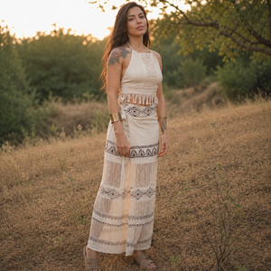 Ensemble coordonné pour femme, style bohème, en coton à franges, comprenant un crop top dos nu et un pantalon palazzo à jambes larges, à motifs géométriques tribaux, pour festival, resort, plage, été - Product Image 3