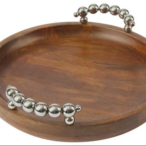 Plateau de service rond en bois de manguier avec petites poignées latérales, plateau à collation rustique en bois, plateau décoratif pour desserts - Product Image 1