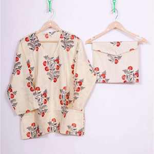 Ensemble de pyjama en satin de coton imprimé à la main pour femmes - Doux, respirant, col rabattu, manches longues, taille élastique, vêtements de nuit d'automne - Product Image 1