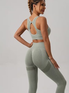 Women 2 Pcs Yoga Suit Keyhole Racerback Sports Bra and High Waist Scrunch Butt Seamless Leggings <b>Workout</b> Gym Matching Set - Product Image 2