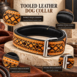 Collier pour chien en cuir tressé à motif floral, boucle robuste, réglable et rembourré, style western, pour la promenade canine - Product Image 5