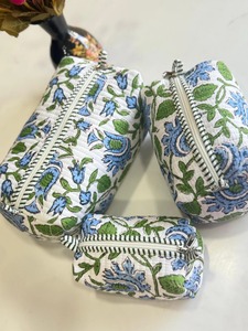 Juego de Bolsas de Cosméticos de Algodón Bordado Vintage con Cierre de Cremallera, Bolsas de Maquillaje Multifuncionales con Patrón Floral Azul Verde - Product Image 2