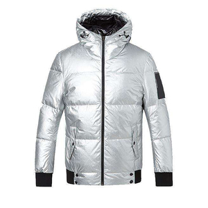 Men's <b>Silver</b> Hooded Puffer <b>Jacket</b> Windproof Casual Winter Coat With Patch Design Regular Fit Zipper Closure - Product Image 1
