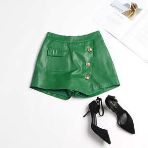Red And Cream High Waist Leather Shorts With Button Closure And Pocket Detail - Product Image 5