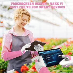 Gants de jardinage pour femmes et hommes, longs, résistants aux épines, pour la taille des roses, en cuir pleine fleur avec paume renforcée, couleur rose - Product Image 5