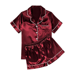 Camisón Sexy de Satén Color Granate para Mujer, Conjunto de Pijama de Manga Corta, Corte Holgado, Pantalones Cortos con Cintura Elástica - Product Image 1