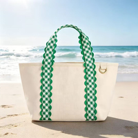 Sac fourre-tout en toile personnalisé pour femme avec fermeture éclair, motif Gingham, idéal pour l'été et la plage, vente en gros