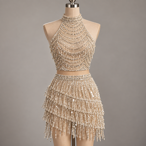 Traje de Danza del Vientre con Lentejuelas y Flecos de Cuentas, de Poliéster, para Actuaciones, con Pedrería, para Fiestas - Product Image 2