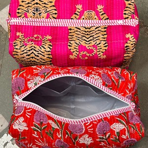 Pink Tiger Print Quilted Cosmetic Bag Large Bohemian Style Textile Zipper Closure Multi-Function Organizer - Product Image 4