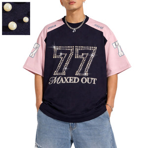 Camiseta Oversize de Algodón Pesado Rosa con Manga Raglán y Gráfico de Diamantes de Imitación Estilo Hip Hop Y2K para Hombre con Cuentas de Perlas - Streetwear - Product Image 1