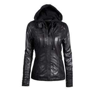 Blouson en similicuir PU pour femme grande taille 7XL, à capuche, style motard, avec capuche amovible, décontracté, style punk, réversible, matelassé, hiver - Product Image 6