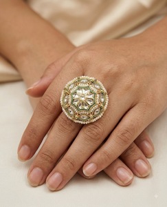 Handcrafted Kundan Floral Motif Big Studded Circular <b>Ring</b> Pearl Work <b>Adjustable</b> <b>Ring</b> For Women Imitation Jewellery Manufacturers - Product Image 4
