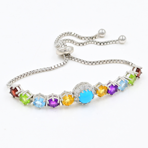 Bracelet Tennis en Pierres Précieuses Rondes Améthyste, Citrine, Grenat, Topaze Suisse, Péridot, Turquoise pour Femme – Ensemble de Bijoux Fins - Product Image 1