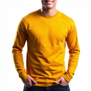 <b>Men</b> Long Sleeve T Shirt 100% Cotton Crew Neck Knitted Solid Yellow Casual Tee Regular Fit - Product Image 5