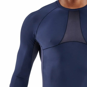 Custom Mens Navy Blue <b>Long</b> <b>Sleeve</b> <b>Compression</b> <b>Shirt</b> Contrast Chest Panel Crew Neck Fitted Gym Training Top Sportswear Base Layer - Product Image 5