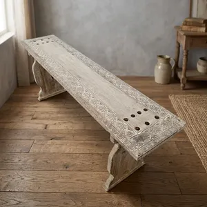 Banco de Madera Reciclada Tallada, Estilo Rústico, para Jardín, Recibidor, Sala de Estar - Product Image 4