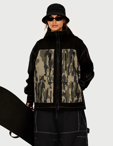 Veste de snowboard à capuche unisexe, imprimé camouflage, imperméable, isolée synthétiquement, fermeture éclair, style cargo noir, vêtements de ski - Product Image 2