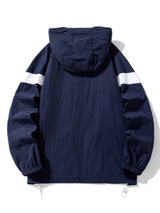 Custom Quality <b>Men</b> Hooded Windbreaker <b>Jacket</b> Navy Blue <b>White</b> Stripe Sporty Style Zipper Closure Loose Fit Autumn Outdoor Wear - Product Image 2