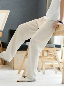 Men's Cotton Casual Pants Elastic Waist Drawstring Lightweight Summer Breathable Straight Fit <b>White</b> - Product Image 3