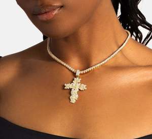 Luxury Iced Out Floral Cross Pendant Necklace 18K Gold Plated Moissanite Stone <b>Box</b> <b>Chain</b> Unisex Everyday Wear - Product Image 3