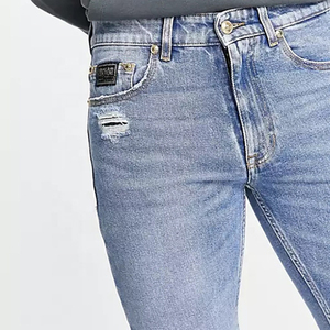 Jeans de Mezclilla Personalizados de Alta Calidad, Corte Regular, 100% Algodón, Transpirables, para Hombre, Lavado Desgastado, Estilo Urbano, Color Azul - Product Image 4