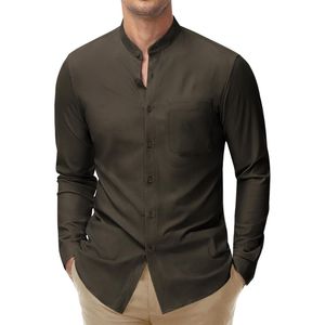 Men's Long Sleeve <b>Band</b> <b>Collar</b> <b>Shirt</b> Custom Button Front Casual Design with Chest Pocket and Solid Color Finish <b>Shirts</b> - Product Image 3