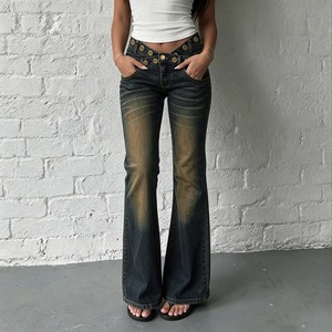 Streetwear Breathable Dark Washed Distressed Rivet V Waistband Metal Eyelets Denim <b>Jeans</b> Casual Women's - Product Image 4